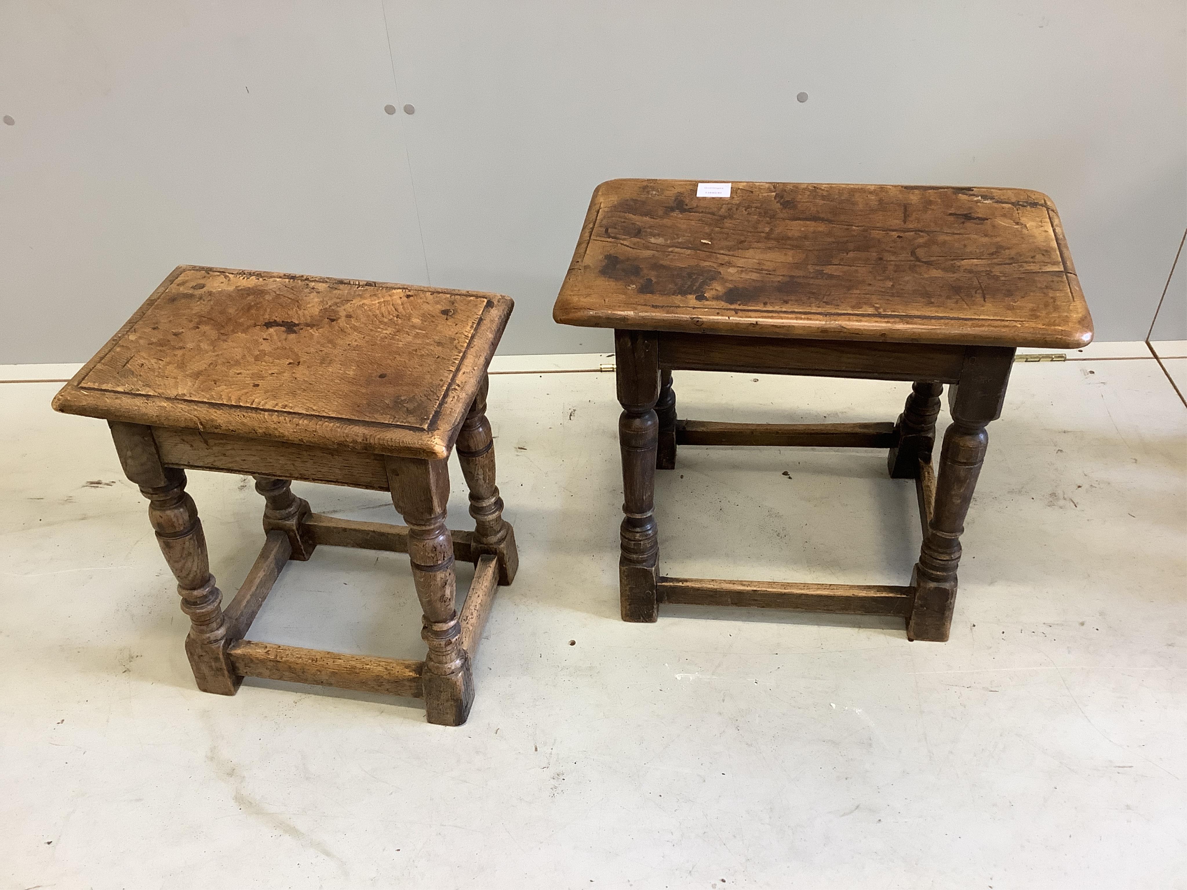 Two 17th century style oak joint stools, one with elm seat, largest 55cm. Condition - rather worn condition